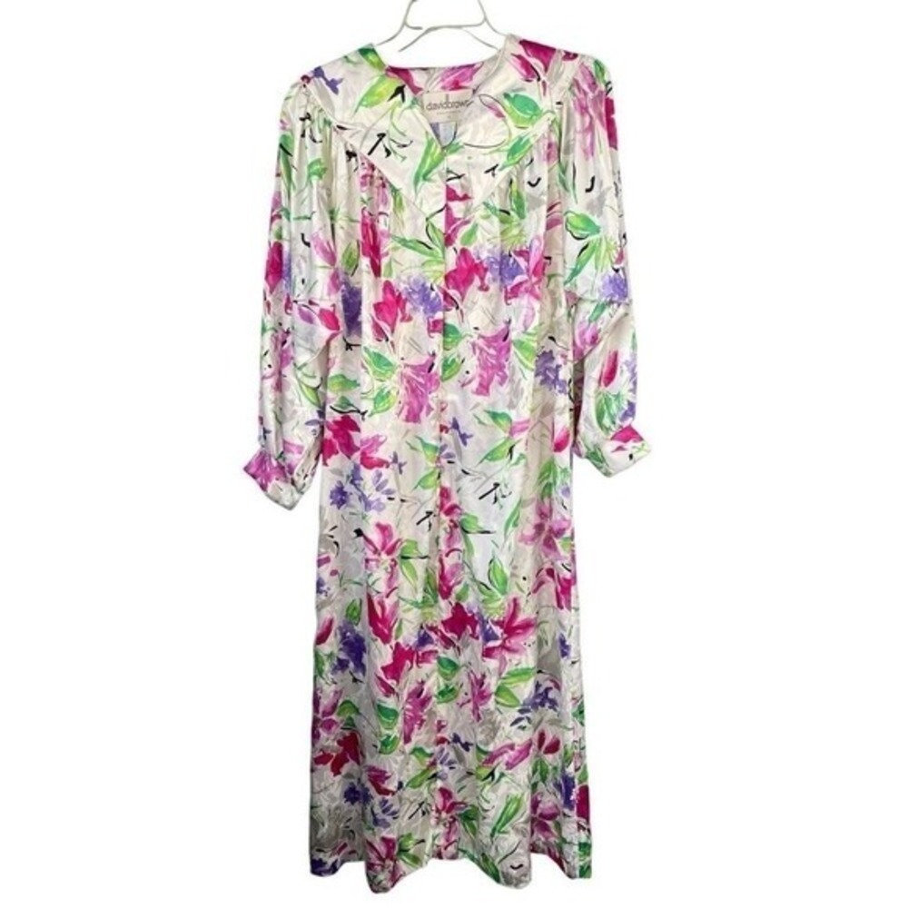T2 David‎ Brown House Dress Floral Jacquard Zip Maxi Vintage 90s Lounger Robe